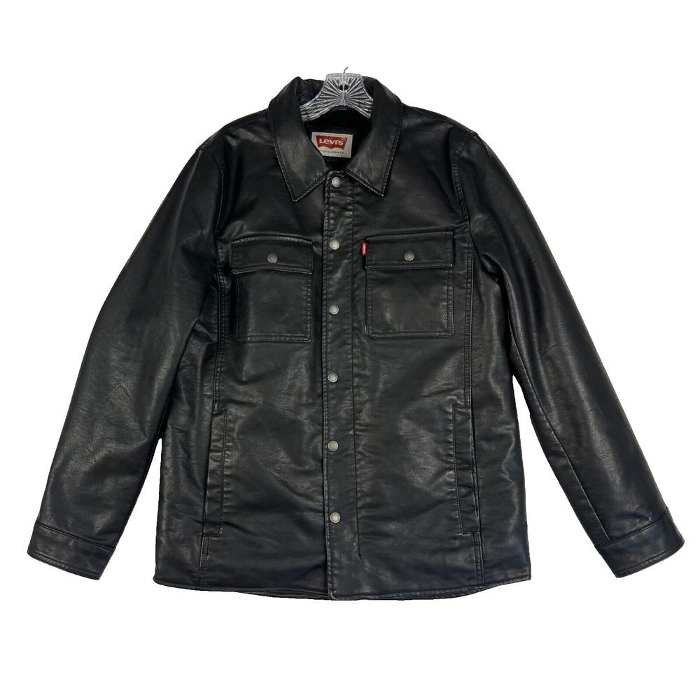 Levis Jacket Men‎ Small Faux Leather Sherpa Lined Black Winter Coat Trucker